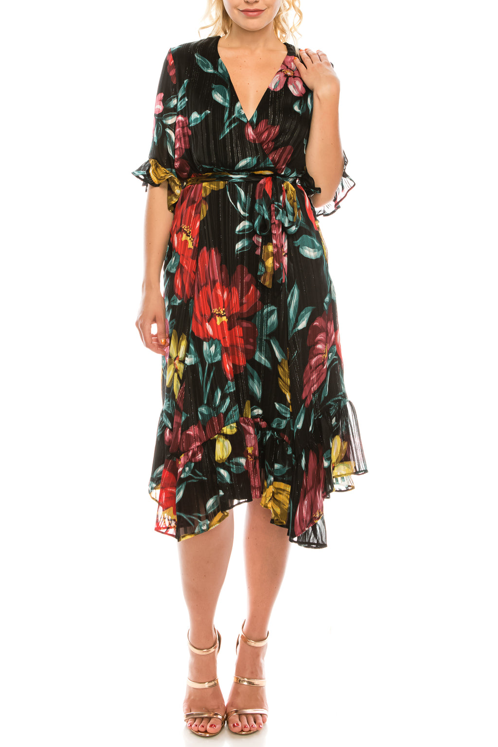 Maison Tara Floral Multi Metallic Surplice Ruffled Midi Dress