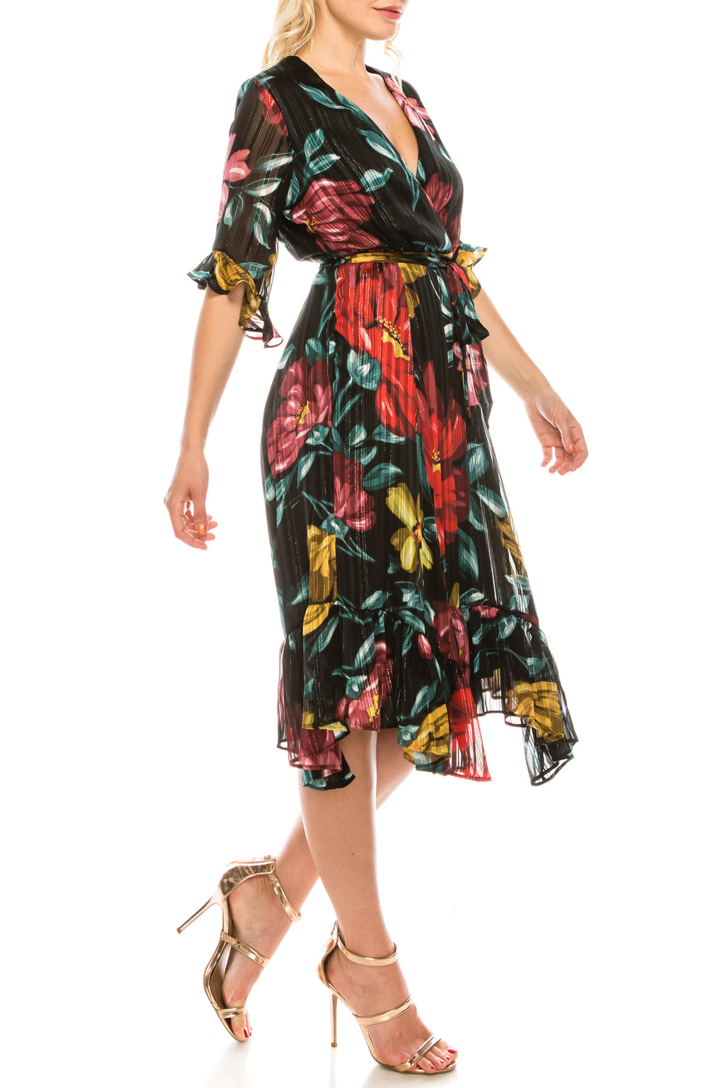 Maison Tara Floral Multi Metallic Surplice Ruffled Midi Dress
