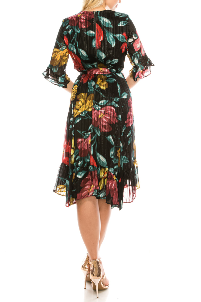 Maison Tara Floral Multi Metallic Surplice Ruffled Midi Dress