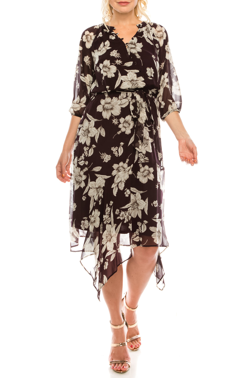 Maison Tara Plum Multi Floral Printed Midi Faux Wrap Dress