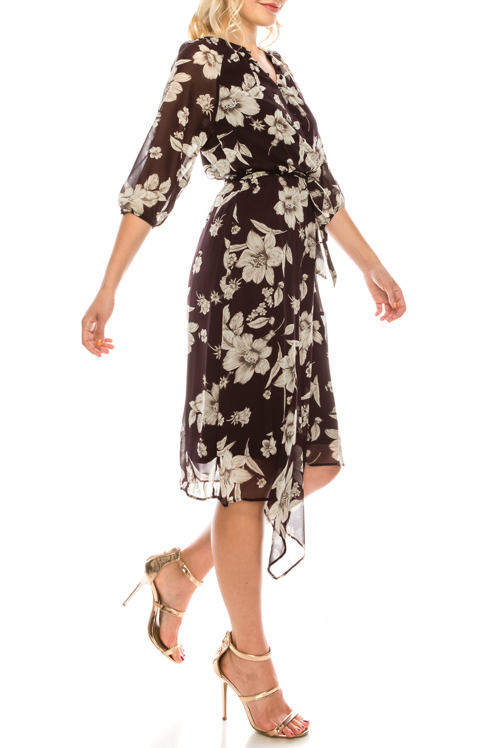 Maison Tara Plum Multi Floral Printed Midi Faux Wrap Dress