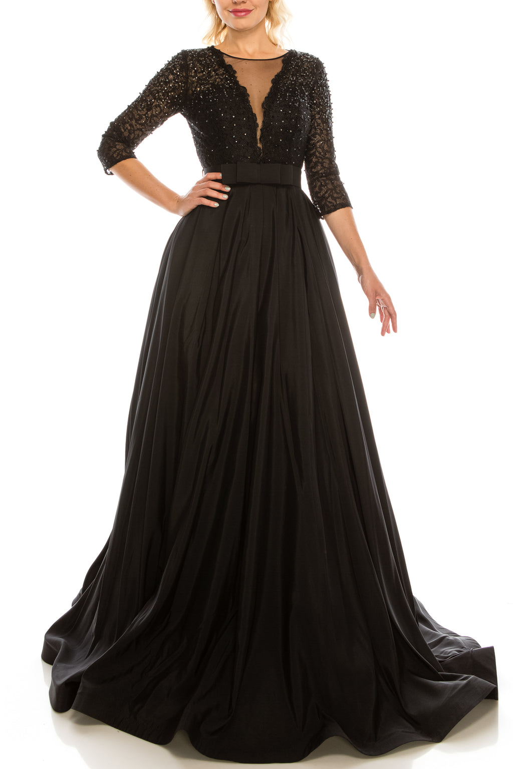 Odrella Black Embellished Mesh & Taffeta A-Line Evening Gown