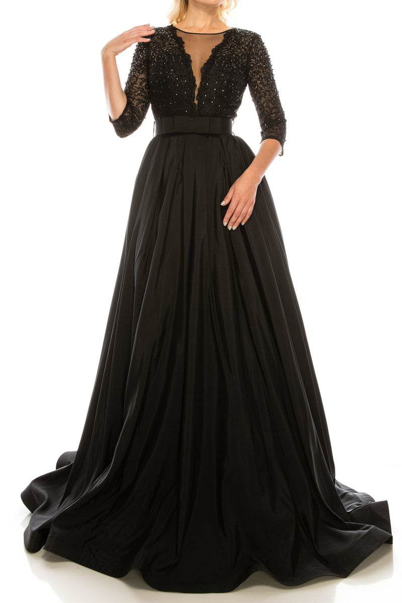 Odrella Black Embellished Mesh & Taffeta A-Line Evening Gown