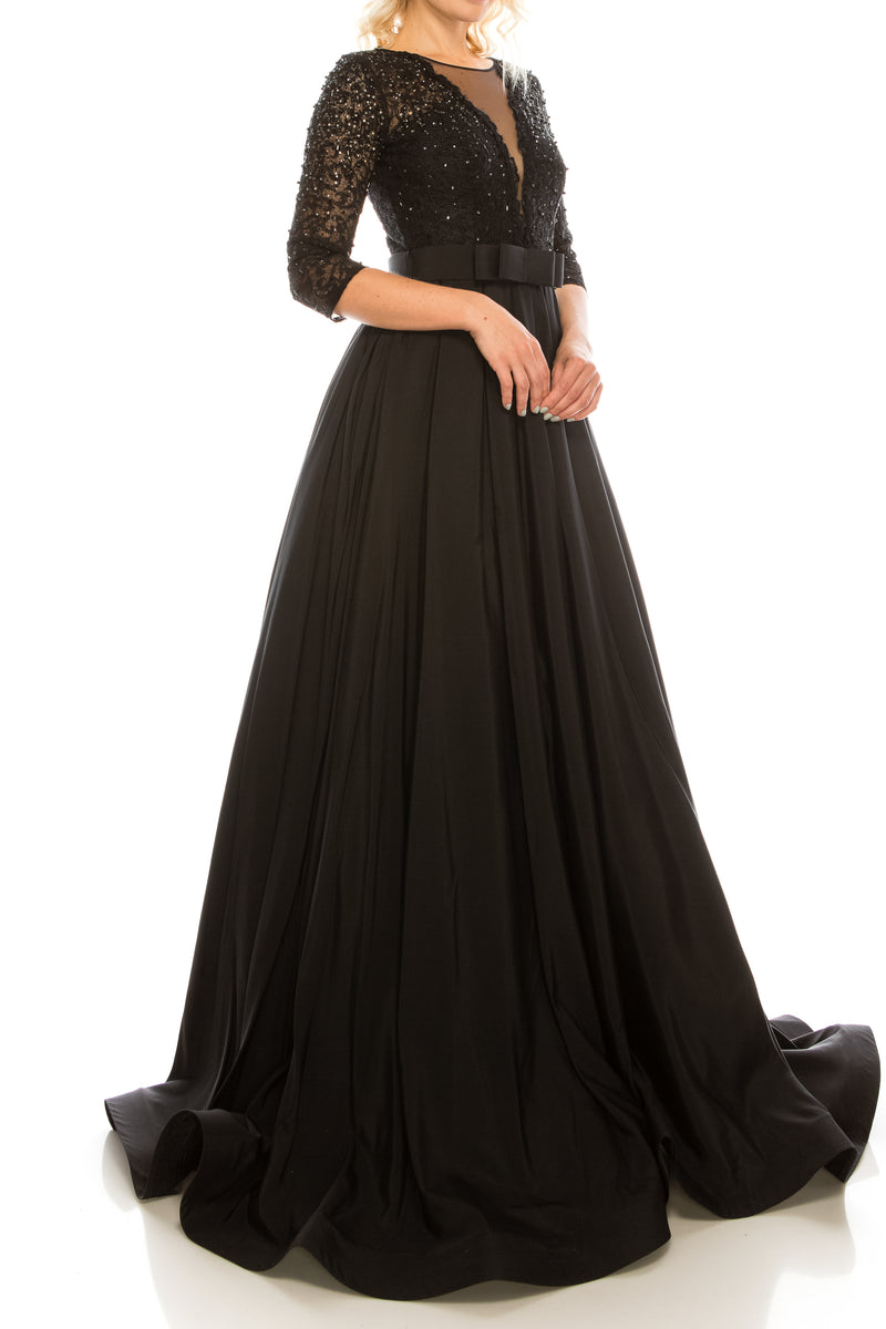 Odrella Black Embellished Mesh & Taffeta A-Line Evening Gown