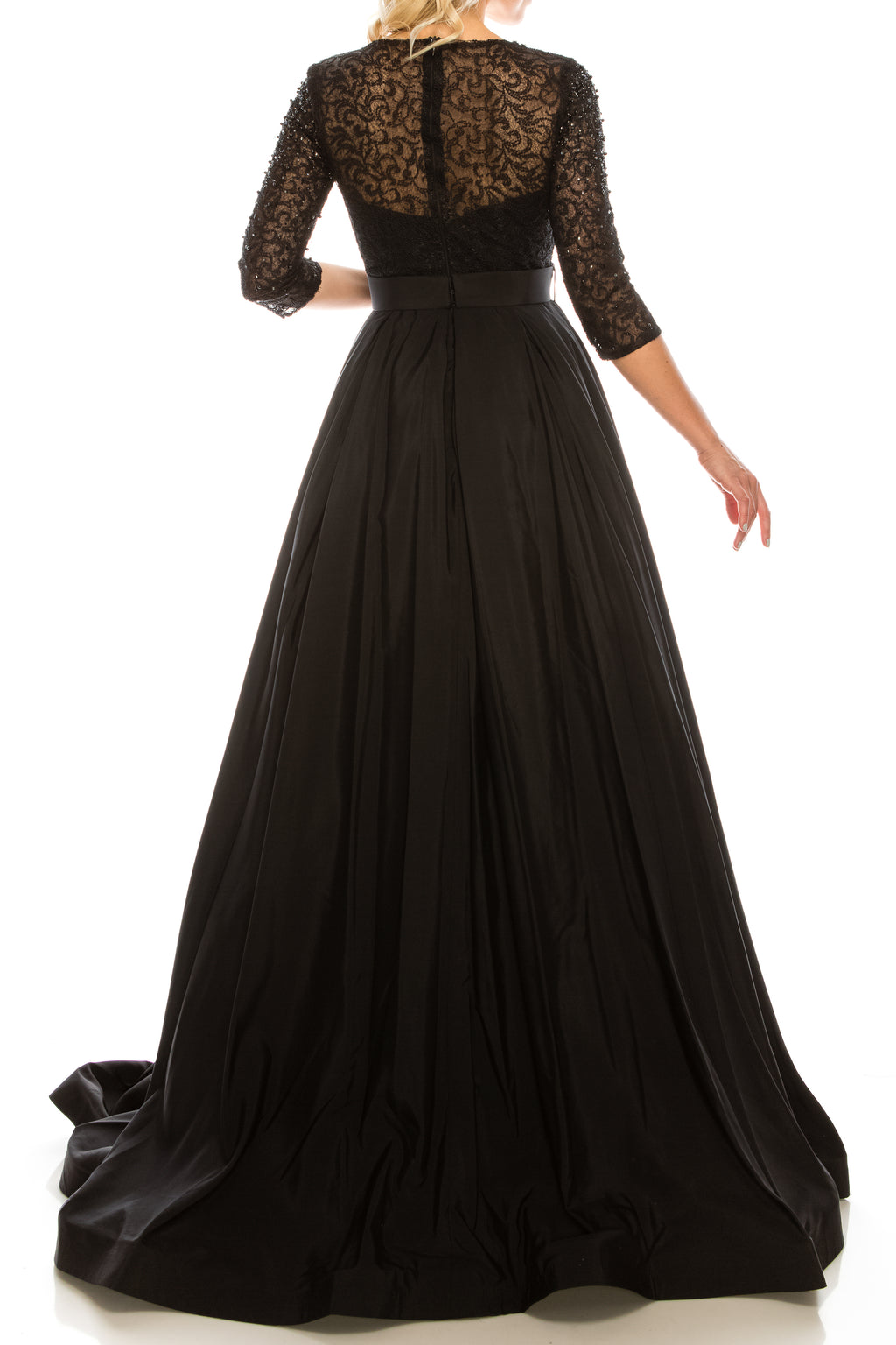 Odrella Black Embellished Mesh & Taffeta A-Line Evening Gown