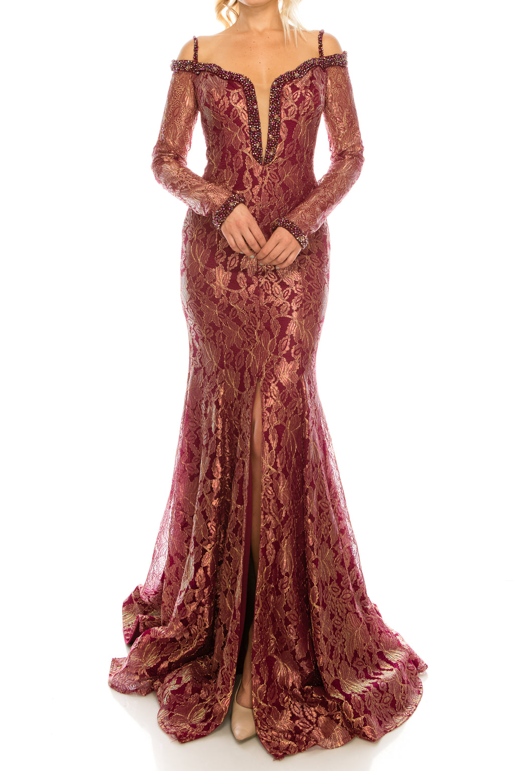 Odrella Burgundy Metallic Lace Trumpet Evening Dress
