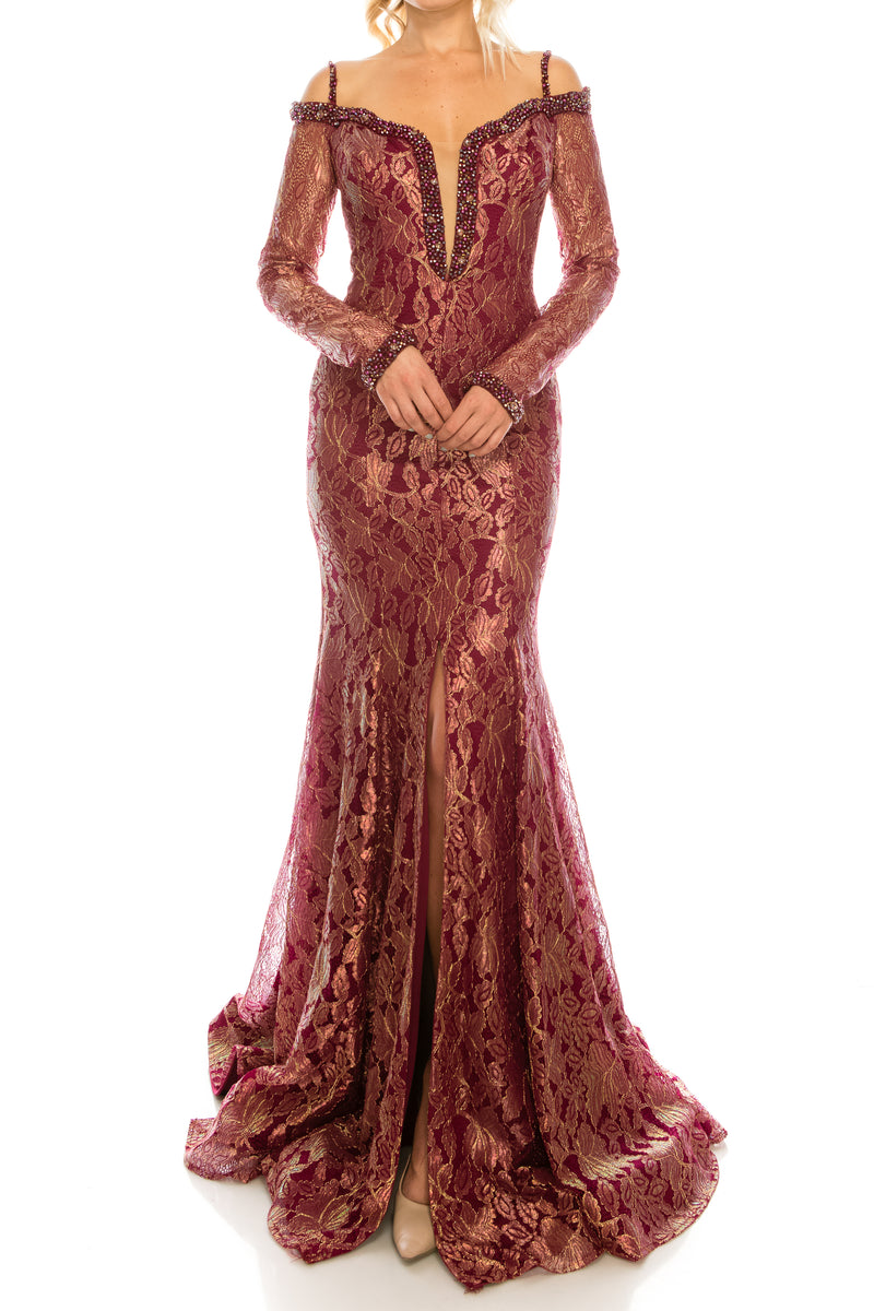 Odrella Burgundy Metallic Lace Trumpet Evening Dress