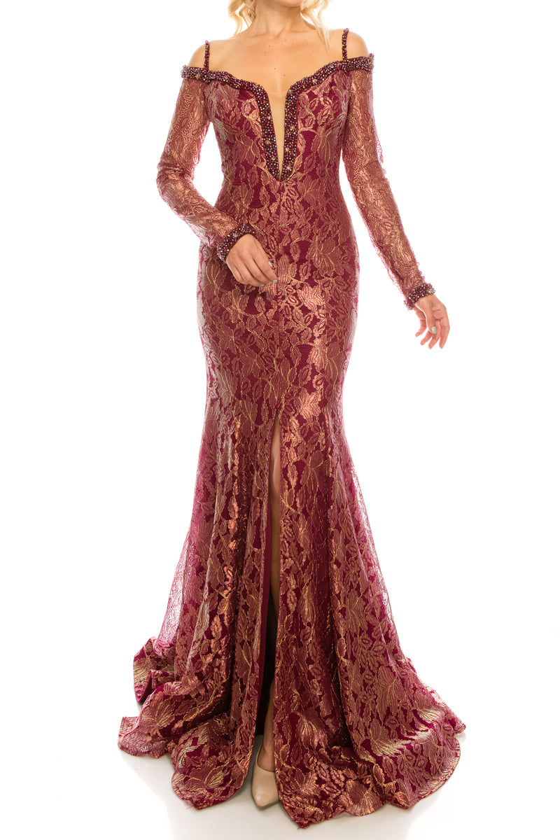 Odrella Burgundy Metallic Lace Trumpet Evening Dress