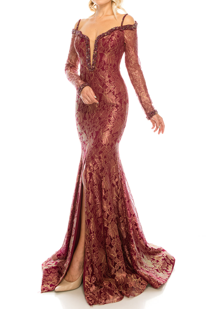 Odrella Burgundy Metallic Lace Trumpet Evening Dress