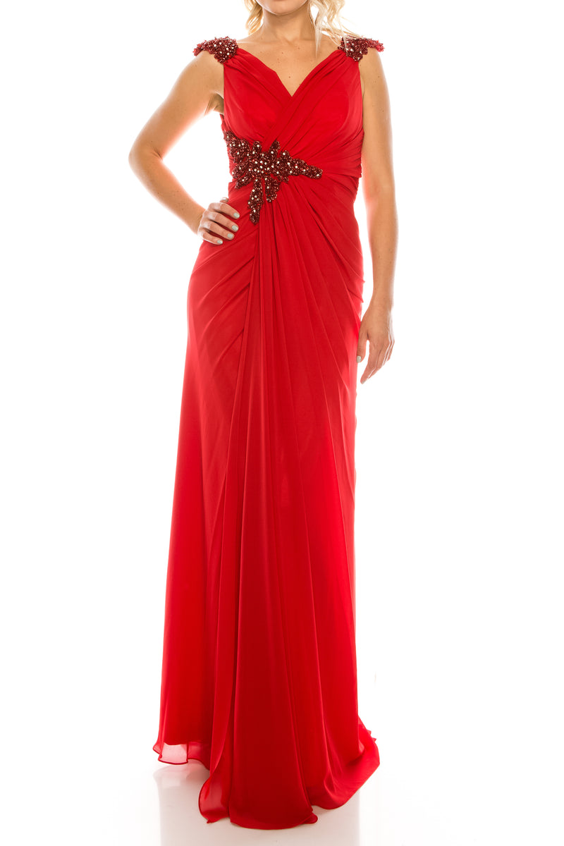 Odrella Draped & Beaded Long Sheath Evening Dress (Additional Colors)