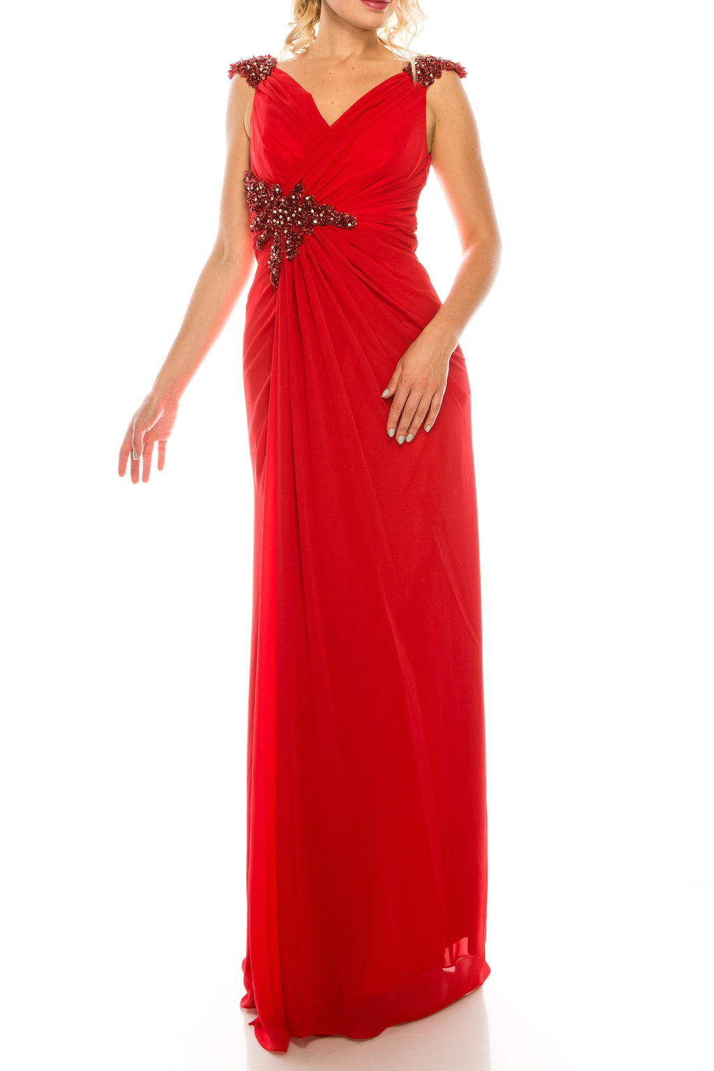 Odrella Draped & Beaded Long Sheath Evening Dress (Additional Colors)