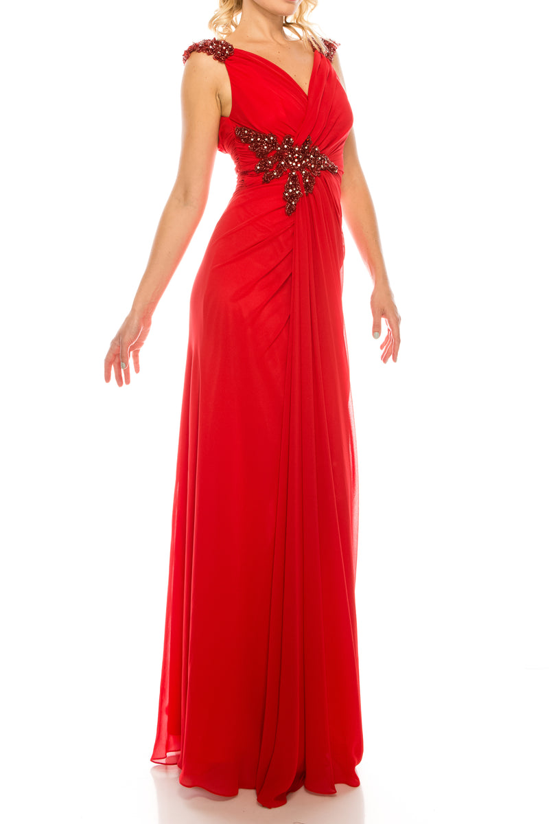 Odrella Draped & Beaded Long Sheath Evening Dress (Additional Colors)