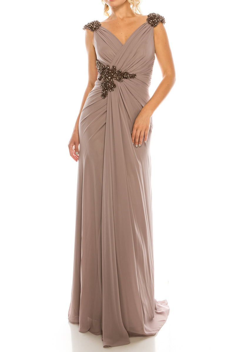Odrella Draped & Beaded Long Sheath Evening Dress (Additional Colors)