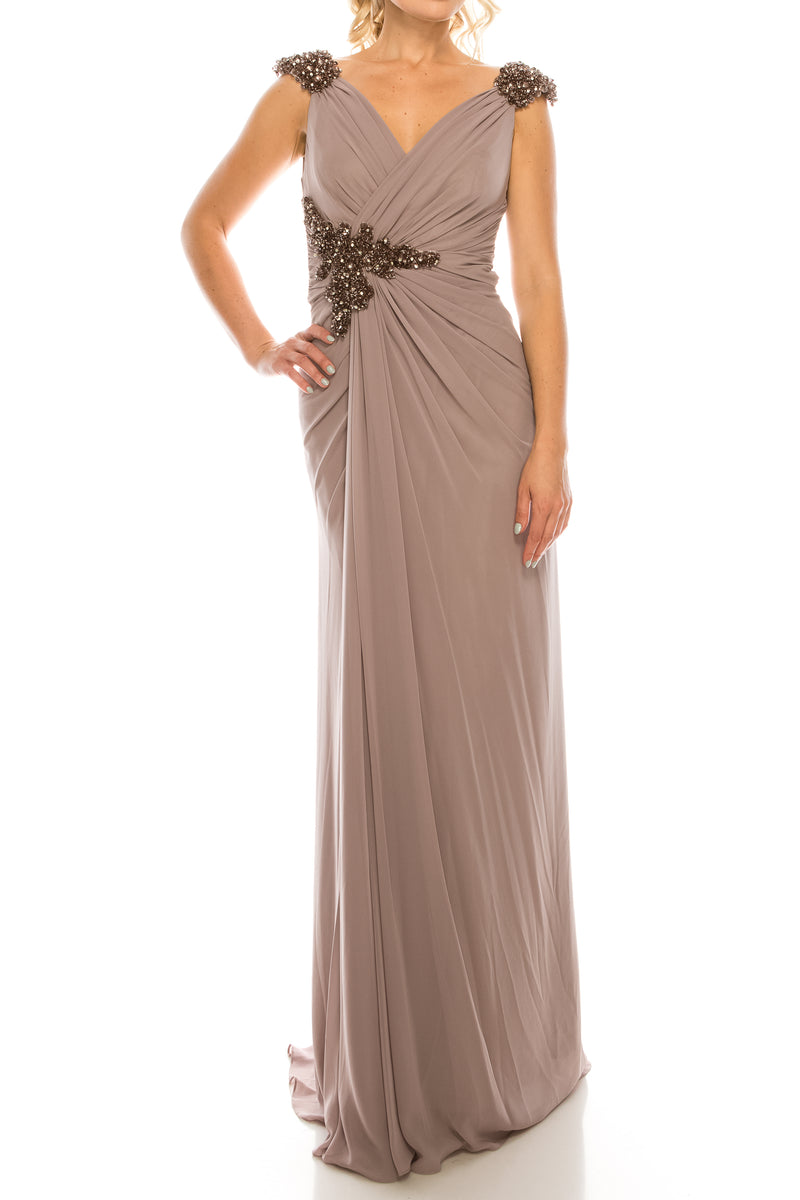 Odrella Draped & Beaded Long Sheath Evening Dress (Additional Colors)
