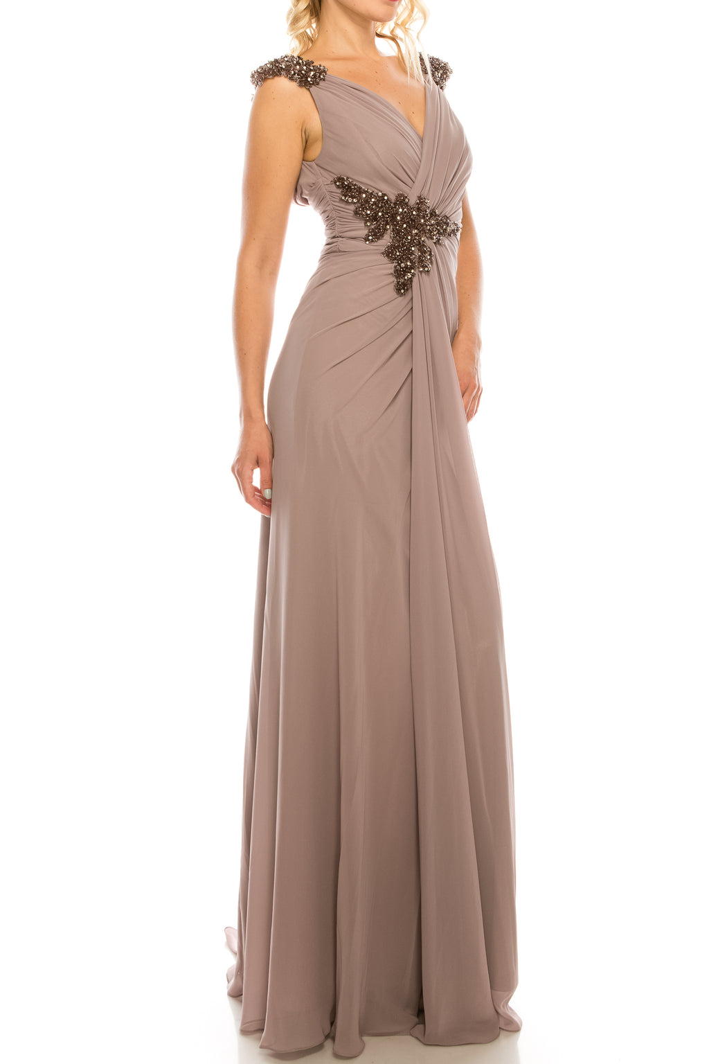Odrella Draped & Beaded Long Sheath Evening Dress (Additional Colors)