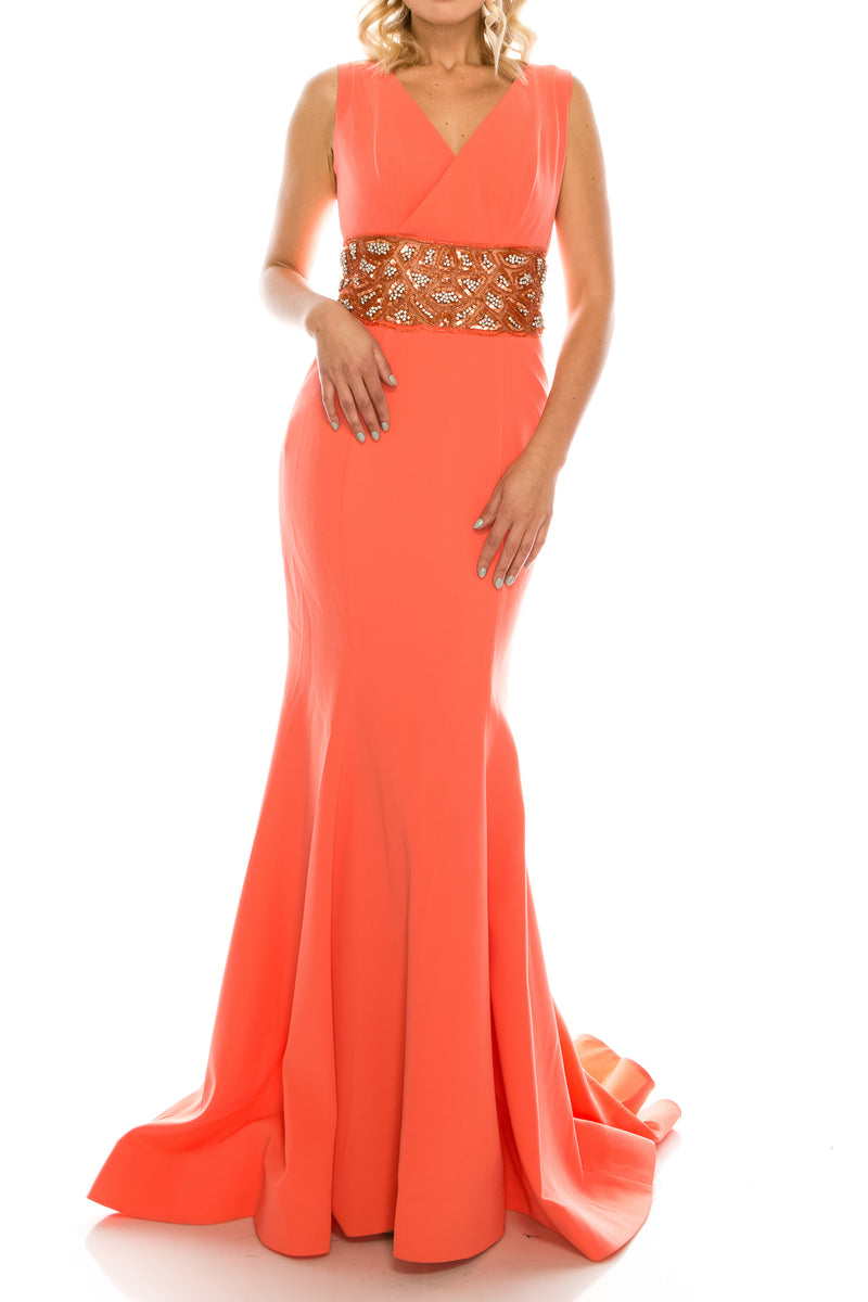 Odrella Crepe Trumpet Gown with Decorated Mesh Waist (Additional Colors)