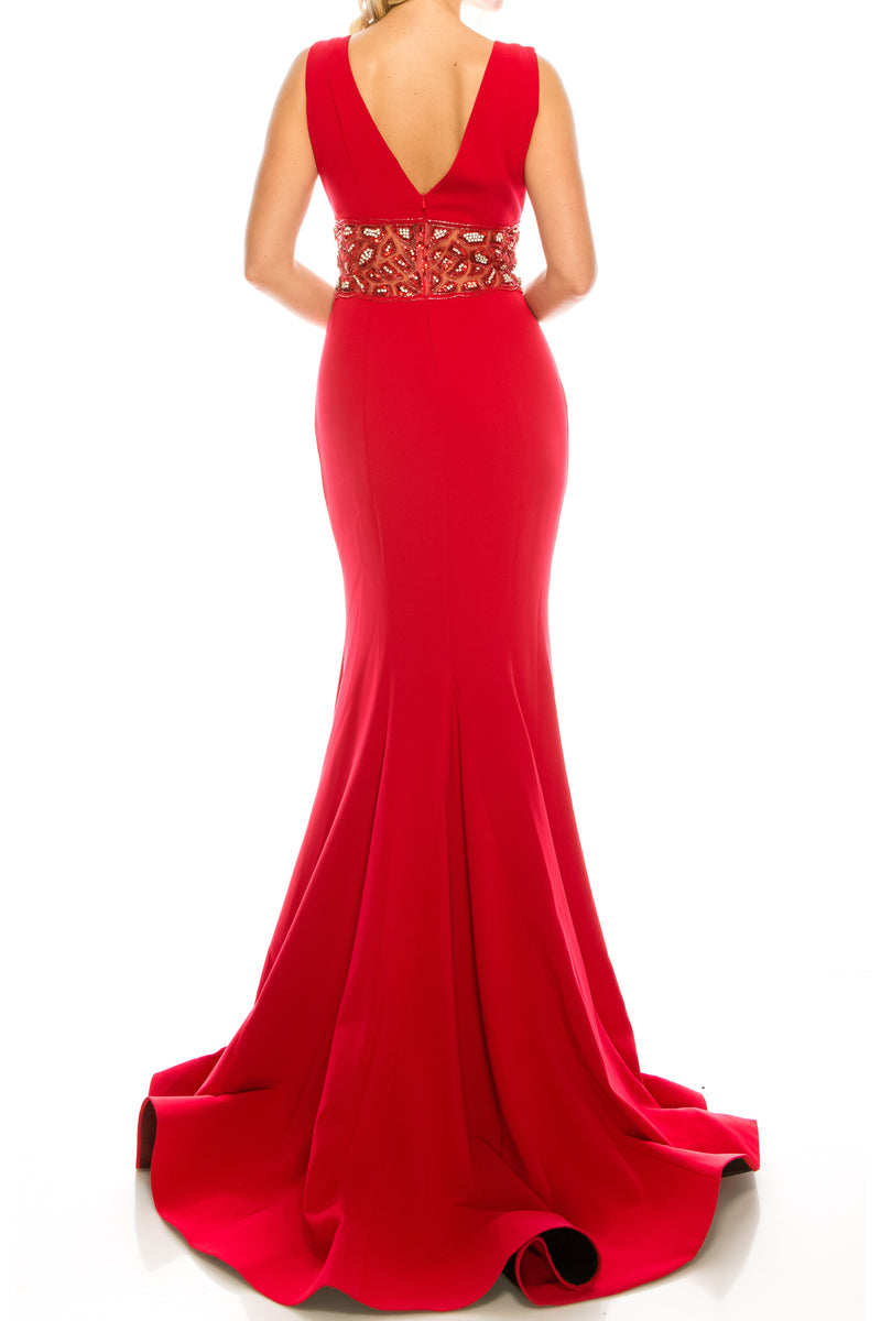 Odrella Crepe Trumpet Gown with Decorated Mesh Waist (Additional Colors)