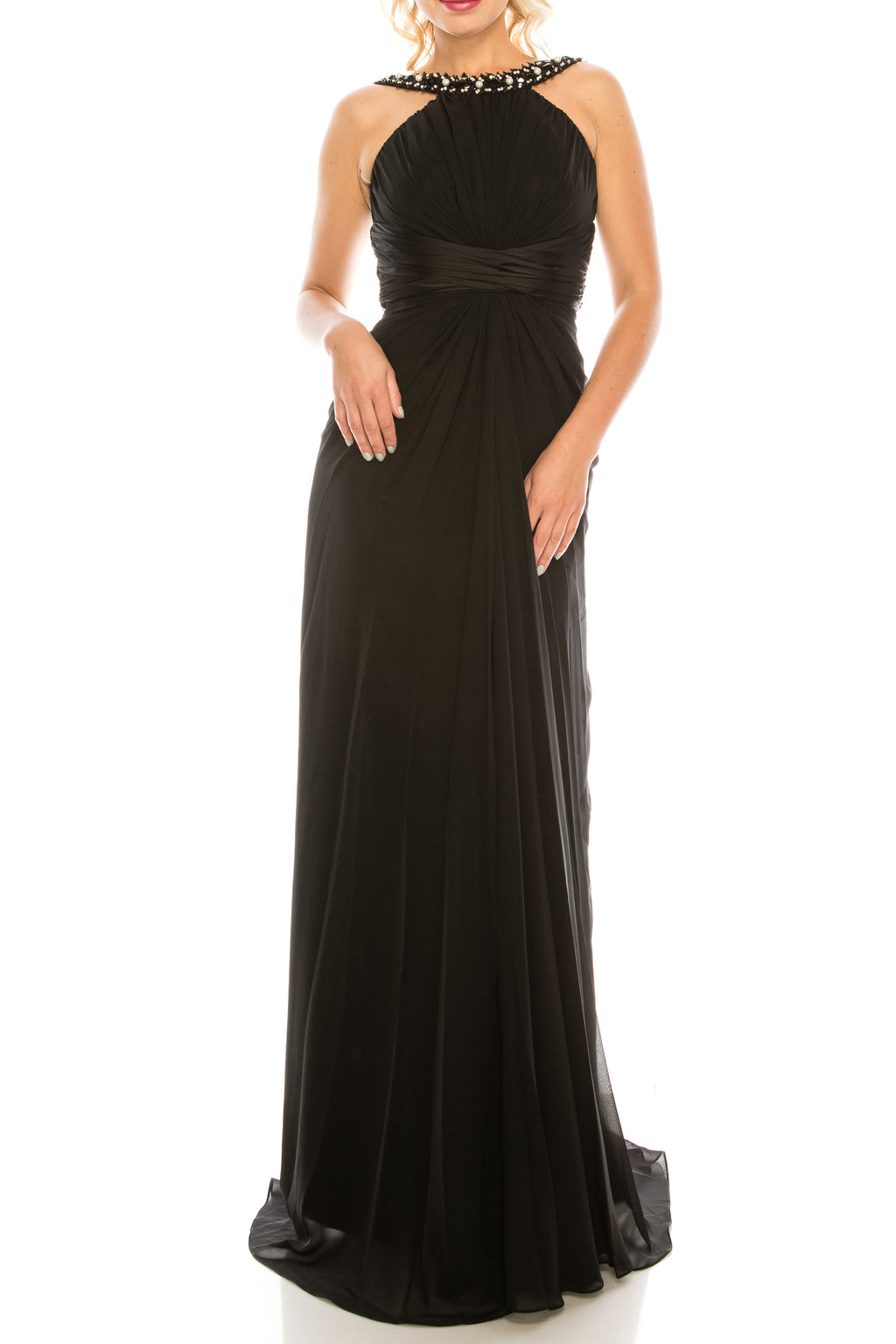Odrella Gathered Embellished Halter Evening Dress (Additional Colors)
