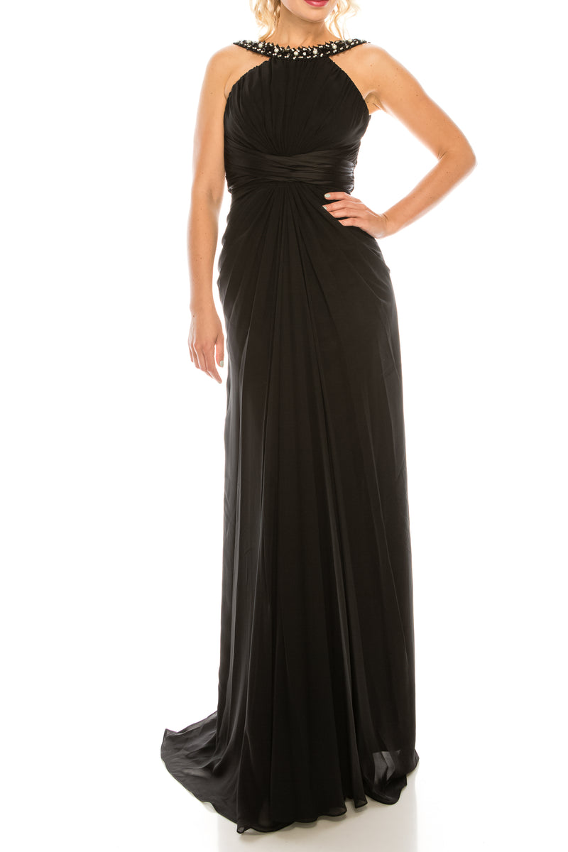 Odrella Gathered Embellished Halter Evening Dress (Additional Colors)