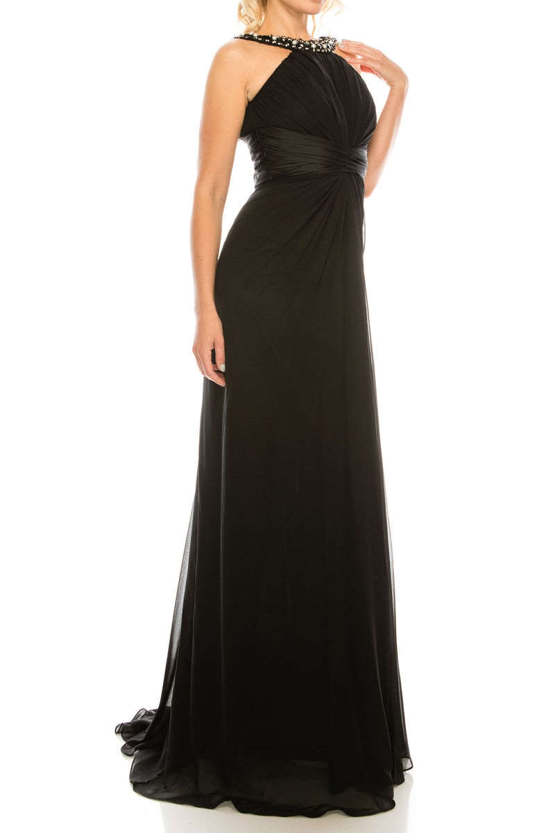 Odrella Gathered Embellished Halter Evening Dress (Additional Colors)