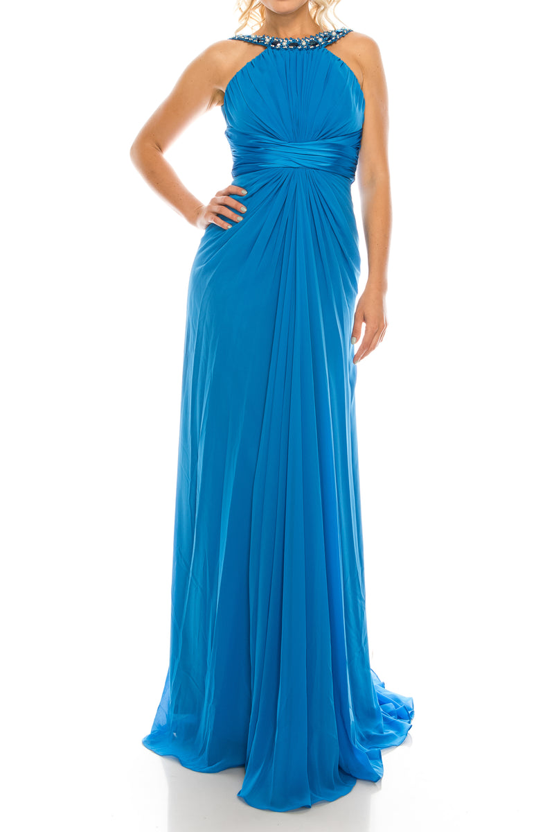 Odrella Gathered Embellished Halter Evening Dress (Additional Colors)