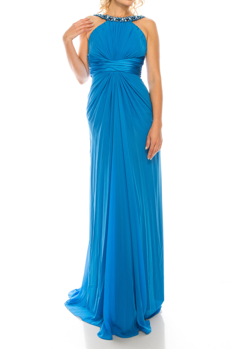 Odrella Gathered Embellished Halter Evening Dress (Additional Colors)