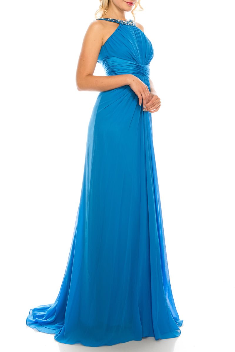 Odrella Gathered Embellished Halter Evening Dress (Additional Colors)