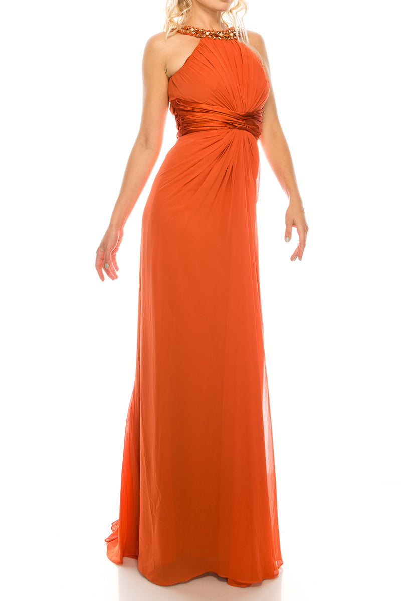 Odrella Gathered Embellished Halter Evening Dress (Additional Colors)