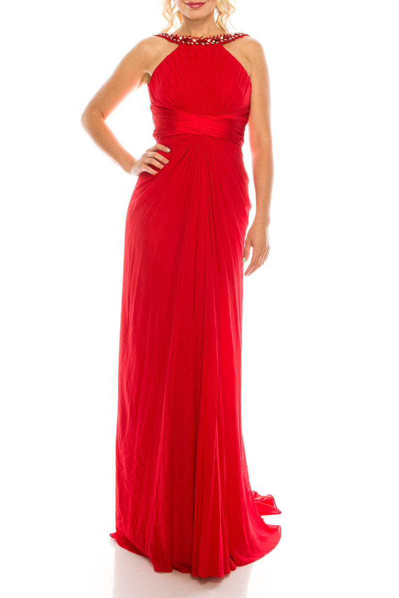 Odrella Gathered Embellished Halter Evening Dress (Additional Colors)