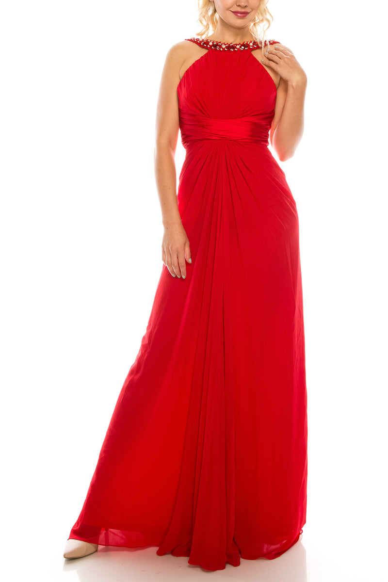 Odrella Gathered Embellished Halter Evening Dress (Additional Colors)
