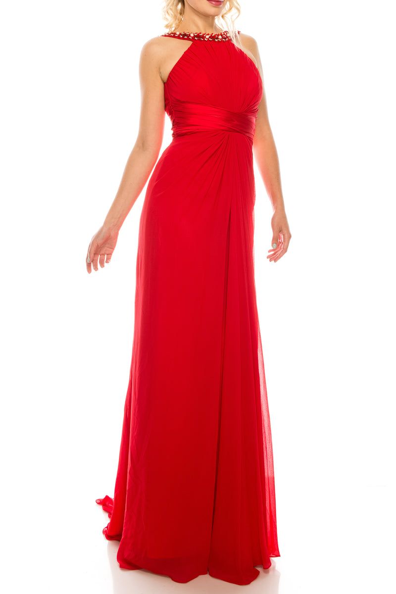 Odrella Gathered Embellished Halter Evening Dress (Additional Colors)