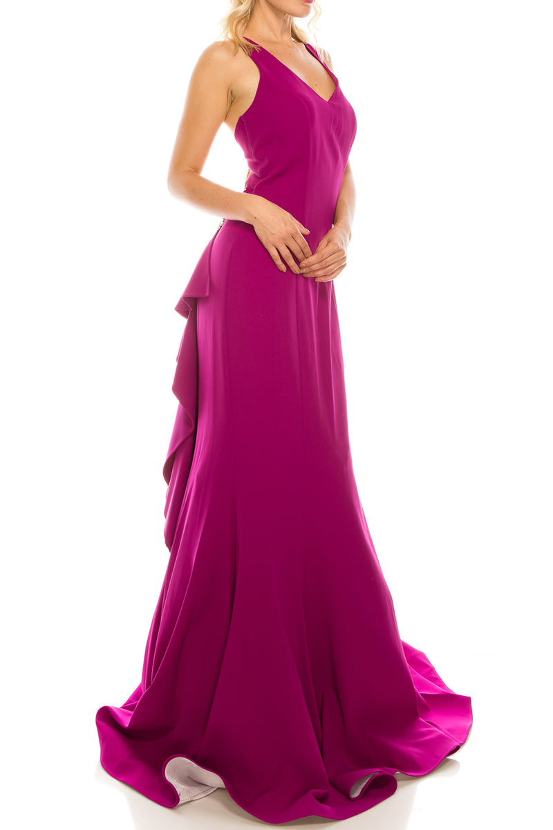 Odrella Fuchsia Trumpet Evening Gown with Open Back