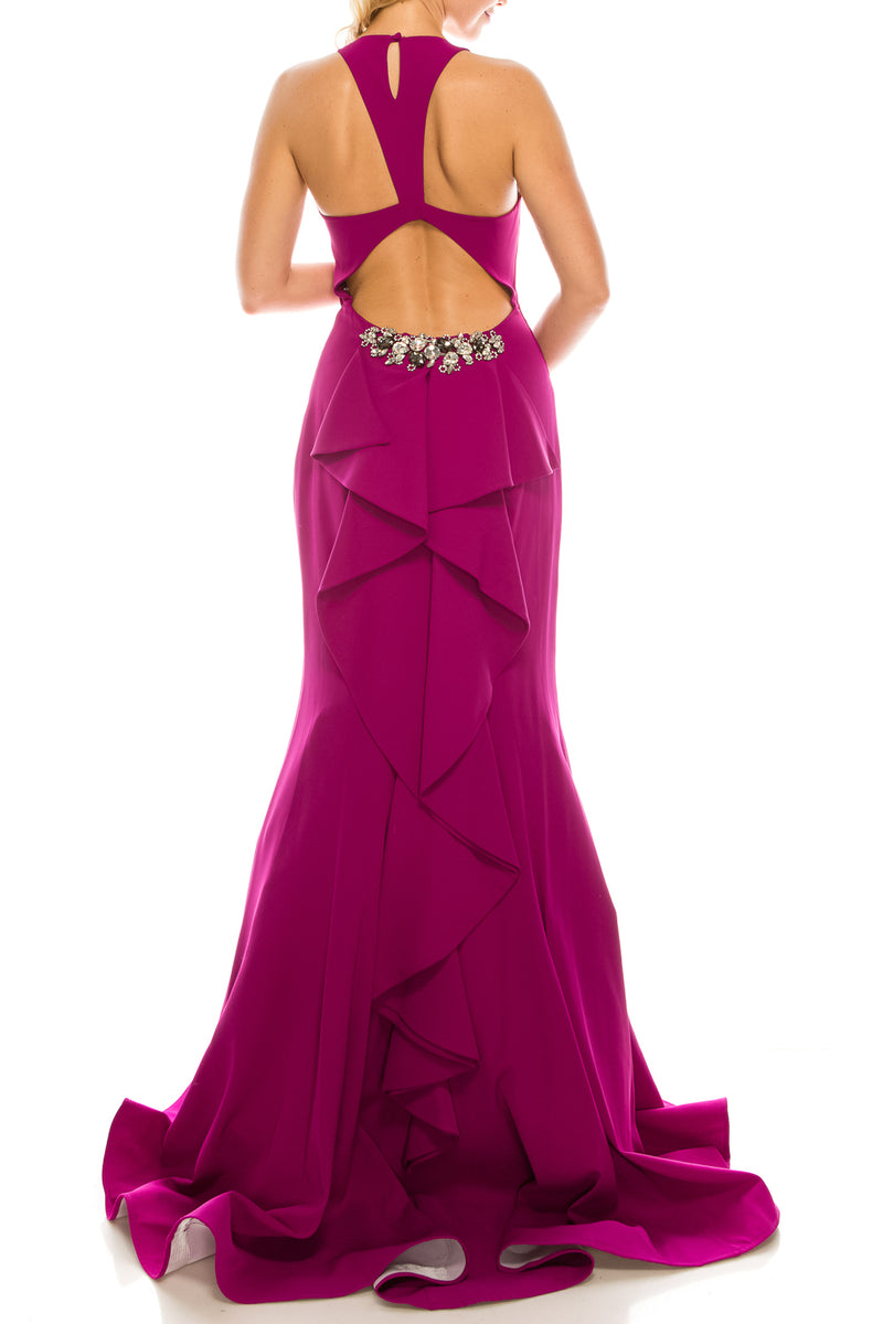 Odrella Fuchsia Trumpet Evening Gown with Open Back