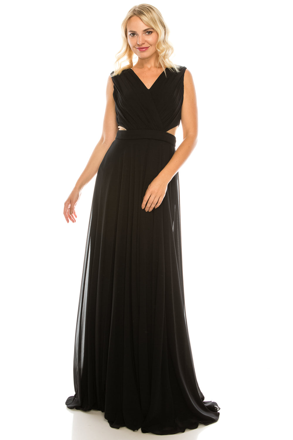 Odrella Surplice Necklined Full Skirt Gown with Mesh Inserts
