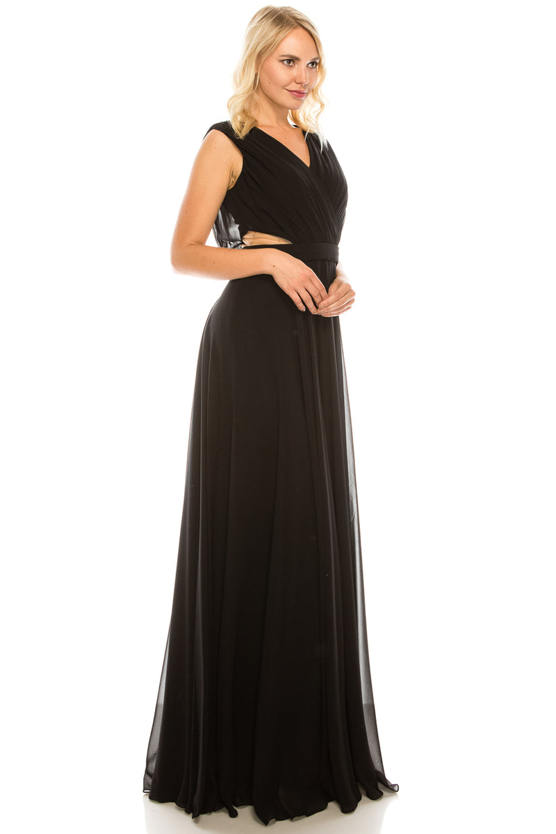 Odrella Surplice Necklined Full Skirt Gown with Mesh Inserts