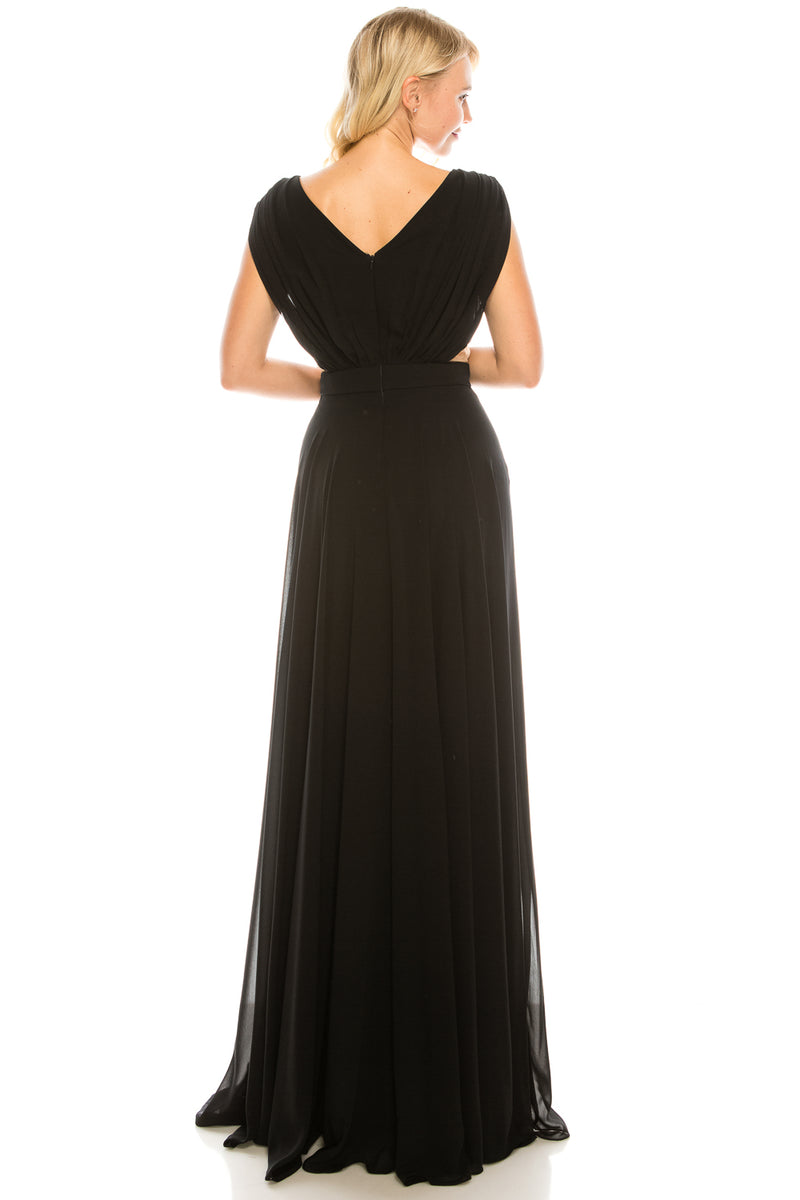 Odrella Surplice Necklined Full Skirt Gown with Mesh Inserts