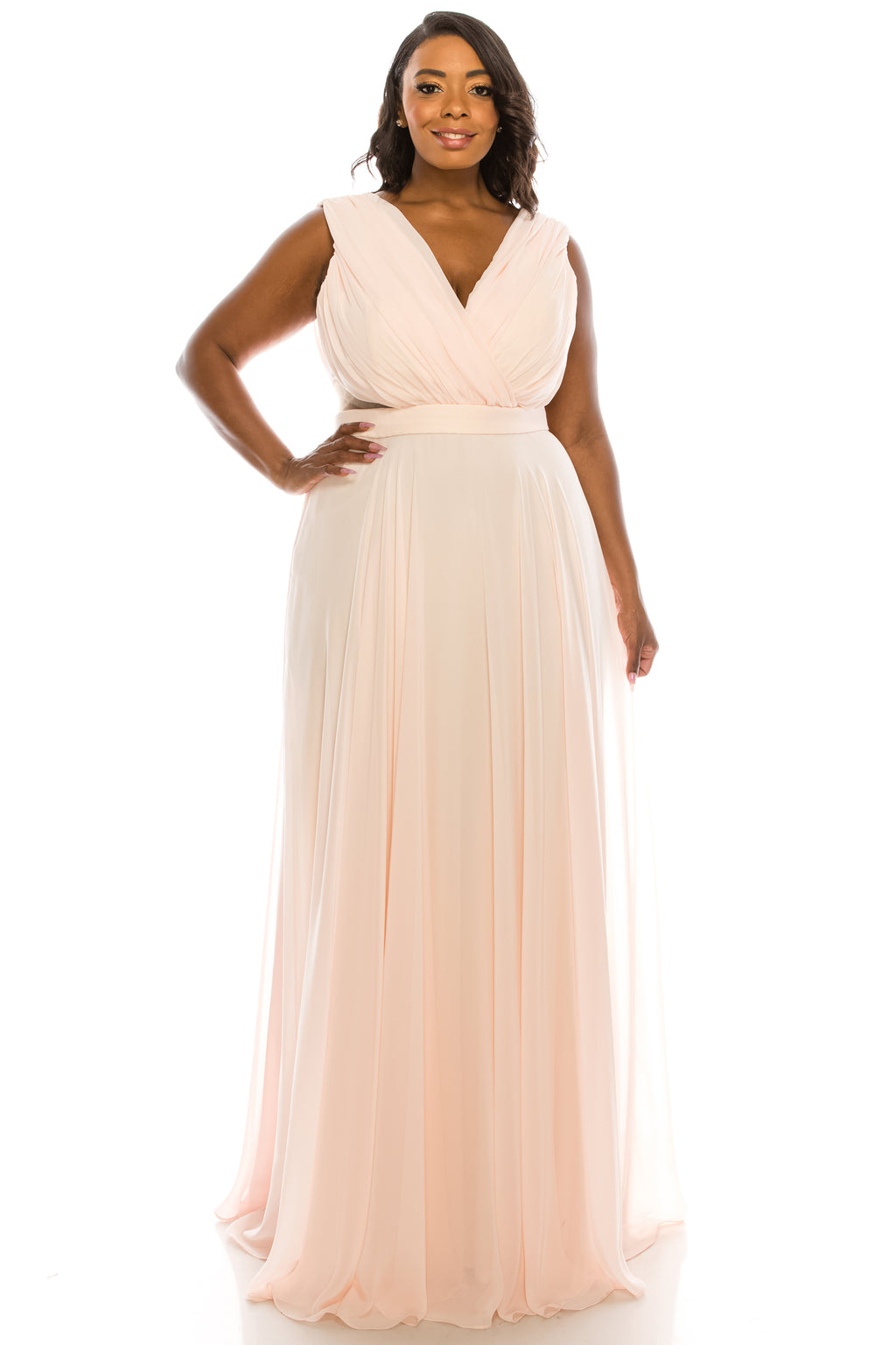 Odrella Surplice Necklined Full Skirt Gown with Mesh Inserts