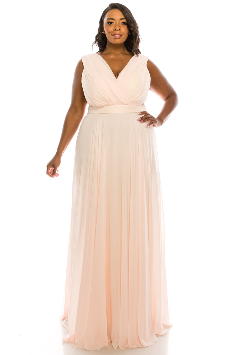 Odrella Surplice Necklined Full Skirt Gown with Mesh Inserts