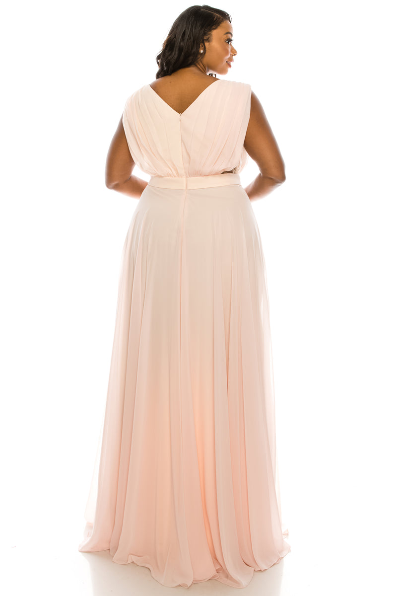 Odrella Surplice Necklined Full Skirt Gown with Mesh Inserts