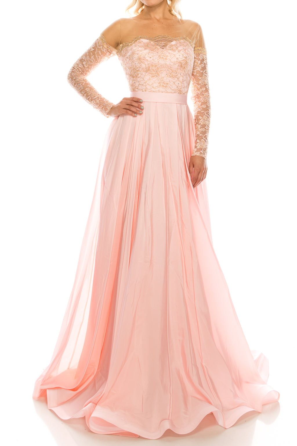 Odrella Pink Embellished Lace & Taffeta A-Line Evening Gown