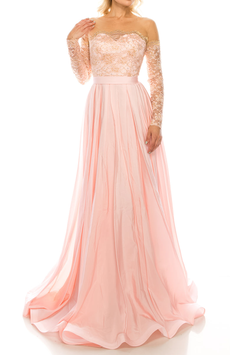 Odrella Pink Embellished Lace & Taffeta A-Line Evening Gown