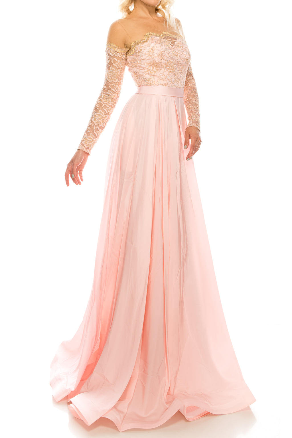 Odrella Pink Embellished Lace & Taffeta A-Line Evening Gown