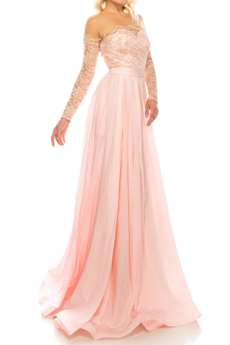 Odrella Pink Embellished Lace & Taffeta A-Line Evening Gown