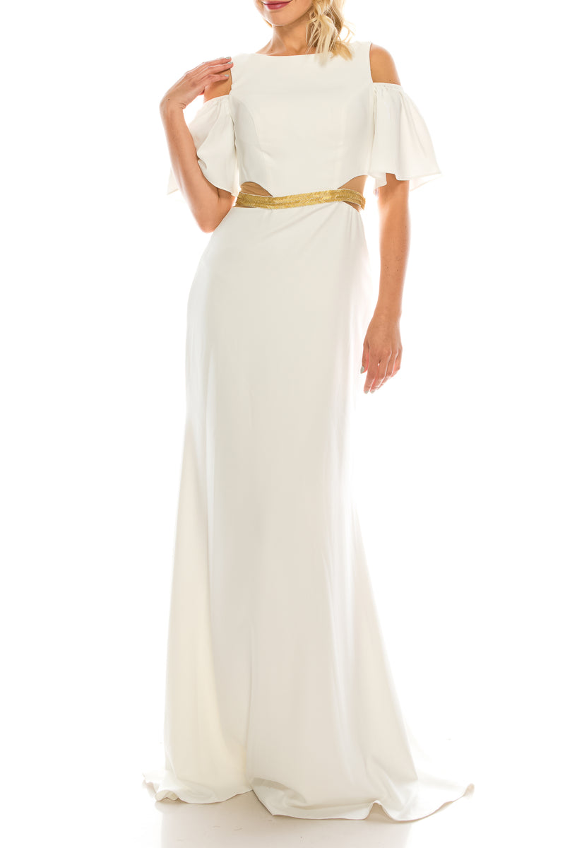 Odrella Magenta Beaded Cold Shoulder Evening Dress (Additional Colors)