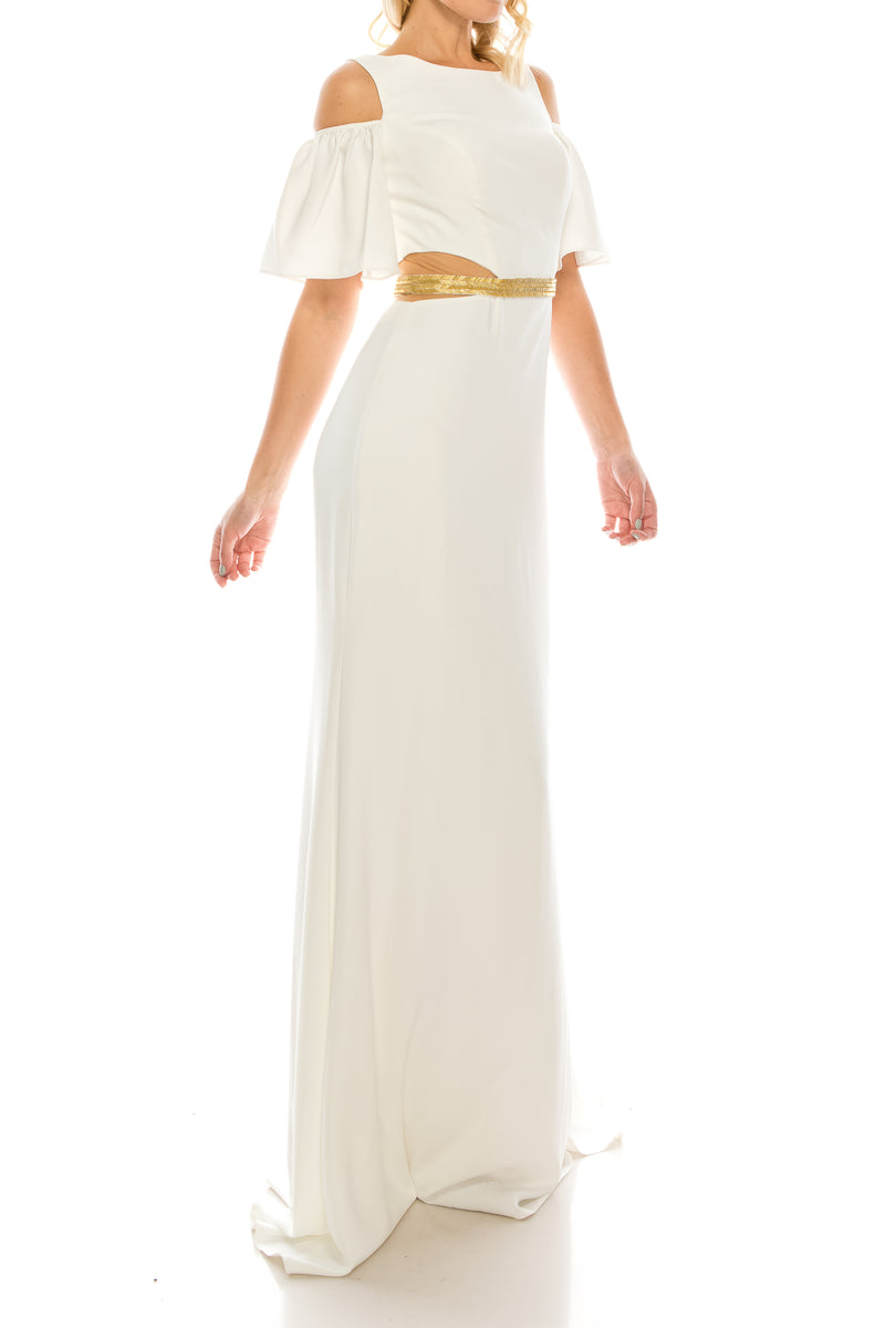 Odrella Magenta Beaded Cold Shoulder Evening Dress (Additional Colors)