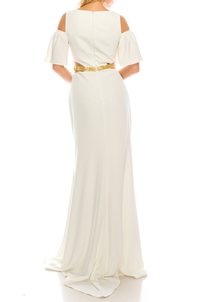 Odrella Magenta Beaded Cold Shoulder Evening Dress (Additional Colors)