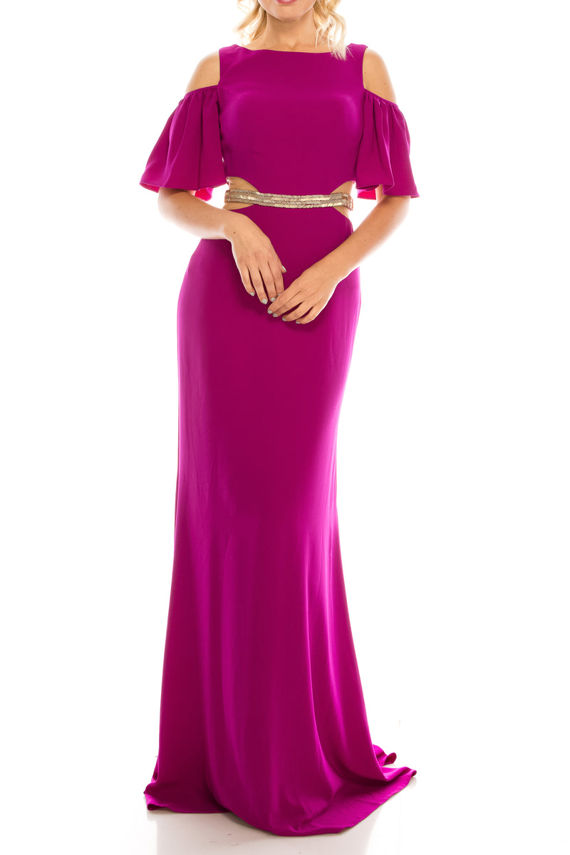 Odrella Magenta Beaded Cold Shoulder Evening Dress (Additional Colors)