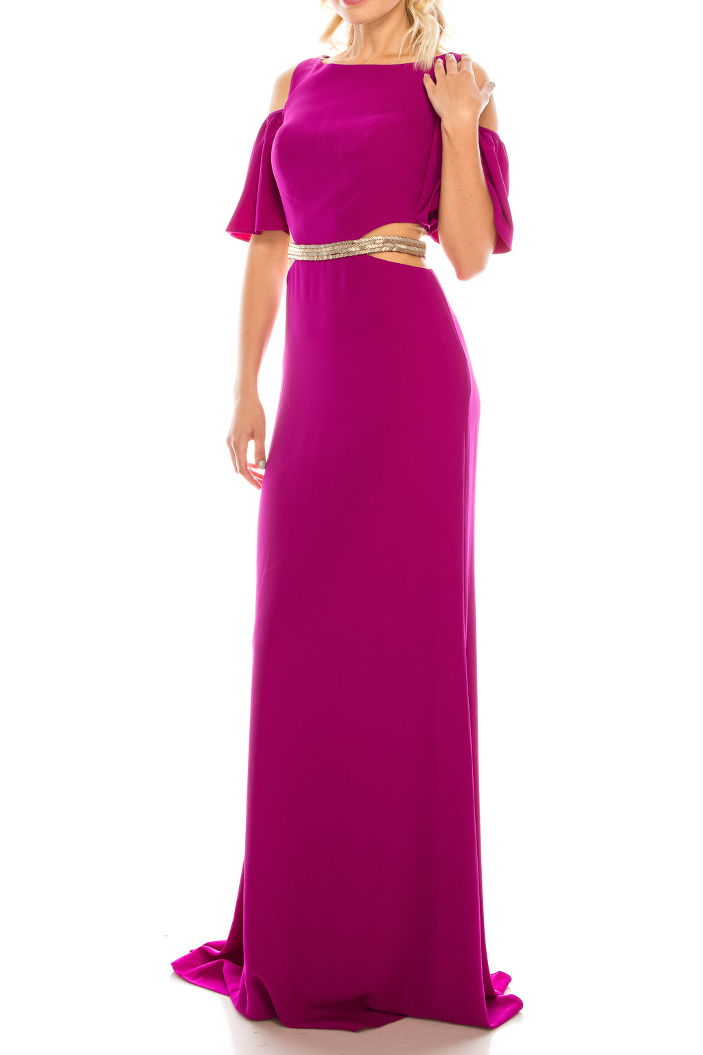 Odrella Magenta Beaded Cold Shoulder Evening Dress (Additional Colors)