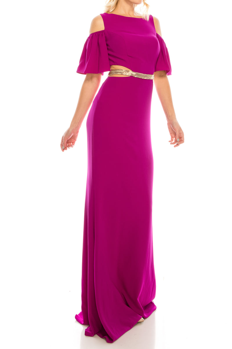 Odrella Magenta Beaded Cold Shoulder Evening Dress (Additional Colors)