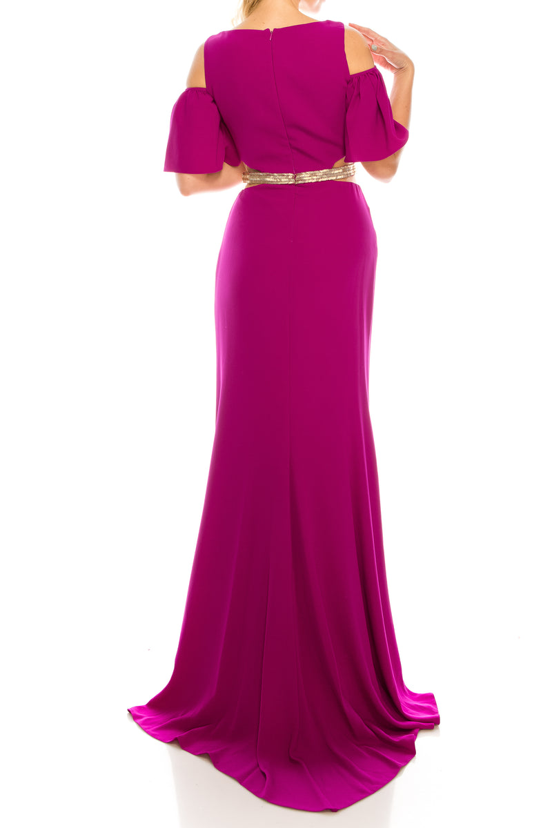 Odrella Magenta Beaded Cold Shoulder Evening Dress (Additional Colors)